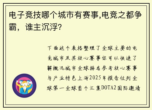 电子竞技哪个城市有赛事,电竞之都争霸，谁主沉浮？